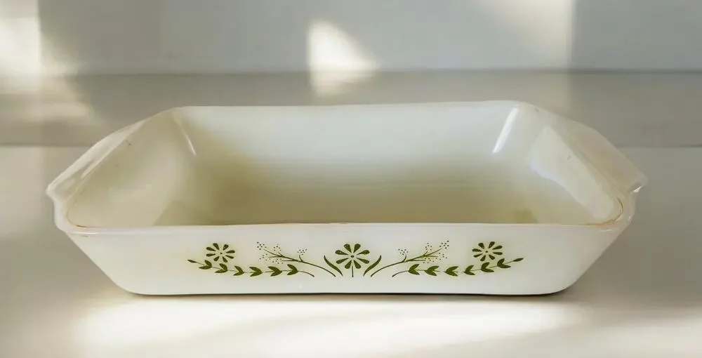 VINTAGE 70s Glasbake Green Floral Flower Print 1 QT Casserole Milk Glass Dish